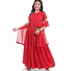 Pine Kids Half Sleeves All Over Embroidered Lehenga Choli Set With Dupatta - Red