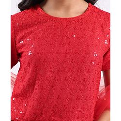 Pine Kids Half Sleeves All Over Embroidered Lehenga Choli Set With Dupatta - Red