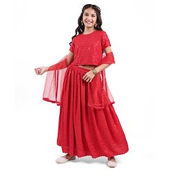 Pine Kids Half Sleeves All Over Embroidered Lehenga Choli Set With Dupatta - Red