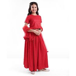 Pine Kids Half Sleeves All Over Embroidered Lehenga Choli Set With Dupatta - Red