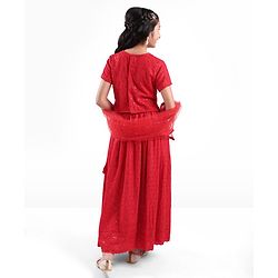 Pine Kids Half Sleeves All Over Embroidered Lehenga Choli Set With Dupatta - Red