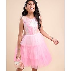 Pine Kids Sleeveless Party Wear Flared Frock with Sequence Detailing - Pink