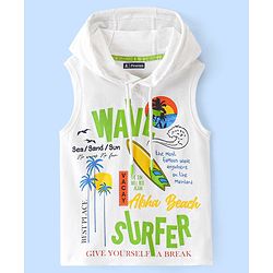 Pine Kids 100% Cotton Sleeveless Hooded T-Shirt With Text Print - White
