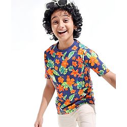 Pine Kids 100% Cotton Half Sleeves T-Shirt Floral Print - Blue Depth