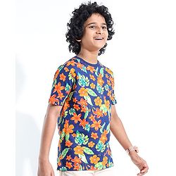Pine Kids 100% Cotton Half Sleeves T-Shirt Floral Print - Blue Depth