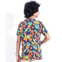 Pine Kids 100% Cotton Half Sleeves T-Shirt Floral Print - Blue Depth