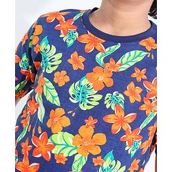 Pine Kids 100% Cotton Half Sleeves T-Shirt Floral Print - Blue Depth