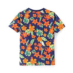 Pine Kids 100% Cotton Half Sleeves T-Shirt Floral Print - Blue Depth