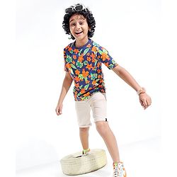 Pine Kids 100% Cotton Half Sleeves T-Shirt Floral Print - Blue Depth