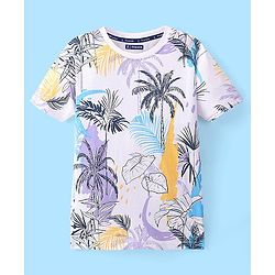 Pine Kids Cotton Half Sleeve T-Shirt With Tropical Print - Snow White
