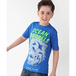 Pine Kids Cotton Knit Half Sleeves T-Shirts Ocean Print- Blue