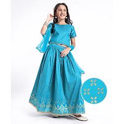 Pine Kids Woven Half Sleeves Lehenga Choli Set With Foil Print & Embroidered - Blue
