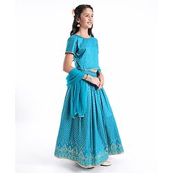 Pine Kids Woven Half Sleeves Lehenga Choli Set With Foil Print & Embroidered - Blue