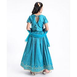 Pine Kids Woven Half Sleeves Lehenga Choli Set With Foil Print & Embroidered - Blue