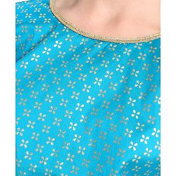 Pine Kids Woven Half Sleeves Lehenga Choli Set With Foil Print & Embroidered - Blue