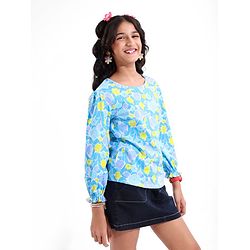 Pine Kids 100% Cotton Full Flawn Sleeves Floral Printed Top - Blue Green & Purple