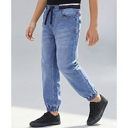 Pine Kids Full Length Jogger Fit Rib Elasticated Waist Solid Color Denim Jeans - Blue