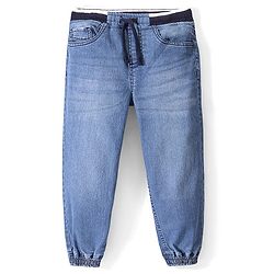 Pine Kids Full Length Jogger Fit Rib Elasticated Waist Solid Color Denim Jeans - Blue