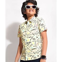 Pine Kids Cotton Half Sleeves All Over Text Printed Shirt - White