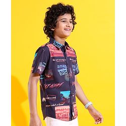 Pine Kids Cotton Woven Half Sleeves Shirt Picture & Text Print- Navy Blue