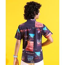 Pine Kids Cotton Woven Half Sleeves Shirt Picture & Text Print- Navy Blue