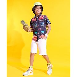 Pine Kids Cotton Woven Half Sleeves Shirt Picture & Text Print- Navy Blue