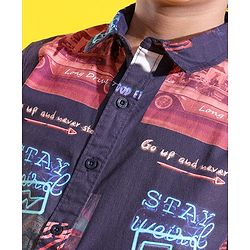 Pine Kids Cotton Woven Half Sleeves Shirt Picture & Text Print- Navy Blue