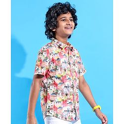 Pine Kids Cotton Woven Half Sleeves City Print Shirt- Multicolour