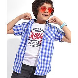 Pine Kids Cotton Half Sleeves Check Shirts With T-Shirt Text Print- Blue & White