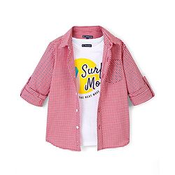 Pine Kids Cotton Woven Full Sleeves Checks Shirt with Inner Printed T-Shirt - Red