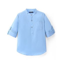 Pine Kids Cotton Roll Up Full Sleeves Mandarin Collar Half Placket Shirt- Sky Blue