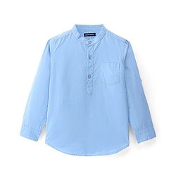 Pine Kids Cotton Roll Up Full Sleeves Mandarin Collar Half Placket Shirt- Sky Blue