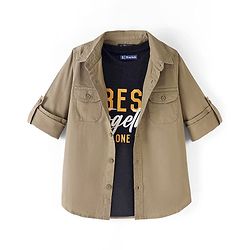 Pine Kids Cotton Woven Full Sleeves Solid Color Shirt with Printed Inner Tee - Beige