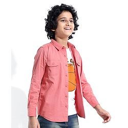 Pine Kids Cotton Woven Full Sleeves Solid Color Shirt with Printed Inner Tee - Red