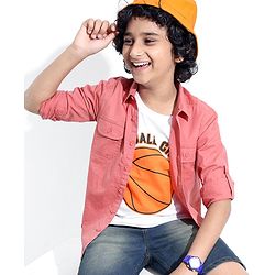 Pine Kids Cotton Woven Full Sleeves Solid Color Shirt with Printed Inner Tee - Red