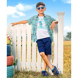 Pine Kids Cotton Woven Half Sleeves Check Shirt with Inner Tee - Green
