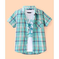 Pine Kids Cotton Woven Half Sleeves Check Shirt with Inner Tee - Green