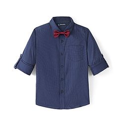 Pine Kids Cotton Woven Full Sleeves Polka Dots Printed Party Shirt with Bow Tie - Blue