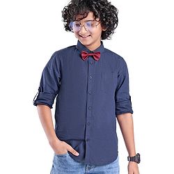 Pine Kids Cotton Woven Full Sleeves Polka Dots Printed Party Shirt with Bow Tie - Blue