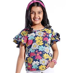 Pine Kids 100% Cotton Ruffle Sleeves Top All Over Printed Floral - Navy Peony