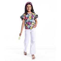 Pine Kids 100% Cotton Ruffle Sleeves Top All Over Printed Floral - Navy Peony
