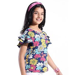Pine Kids 100% Cotton Ruffle Sleeves Top All Over Printed Floral - Navy Peony