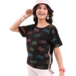 Pine Kids 100% Cotton Half Sleeves Top All Over Text Printed - Jet Black