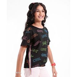 Pine Kids 100% Cotton Half Sleeves Top All Over Text Printed - Jet Black