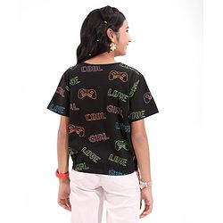 Pine Kids 100% Cotton Half Sleeves Top All Over Text Printed - Jet Black