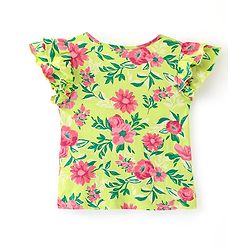 Pine Kids 100% Cotton Single Jersey Knit Ruffle Sleeves Top Floral Print - Green