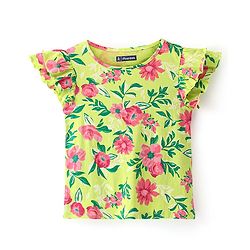 Pine Kids 100% Cotton Single Jersey Knit Ruffle Sleeves Top Floral Print - Green