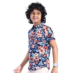 Pine Kids 100% Cotton Woven Half Sleeves Tropical Printed Shirt - Navy Blue