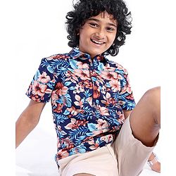 Pine Kids 100% Cotton Woven Half Sleeves Tropical Printed Shirt - Navy Blue