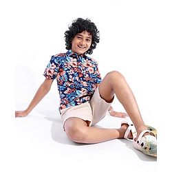 Pine Kids 100% Cotton Woven Half Sleeves Tropical Printed Shirt - Navy Blue